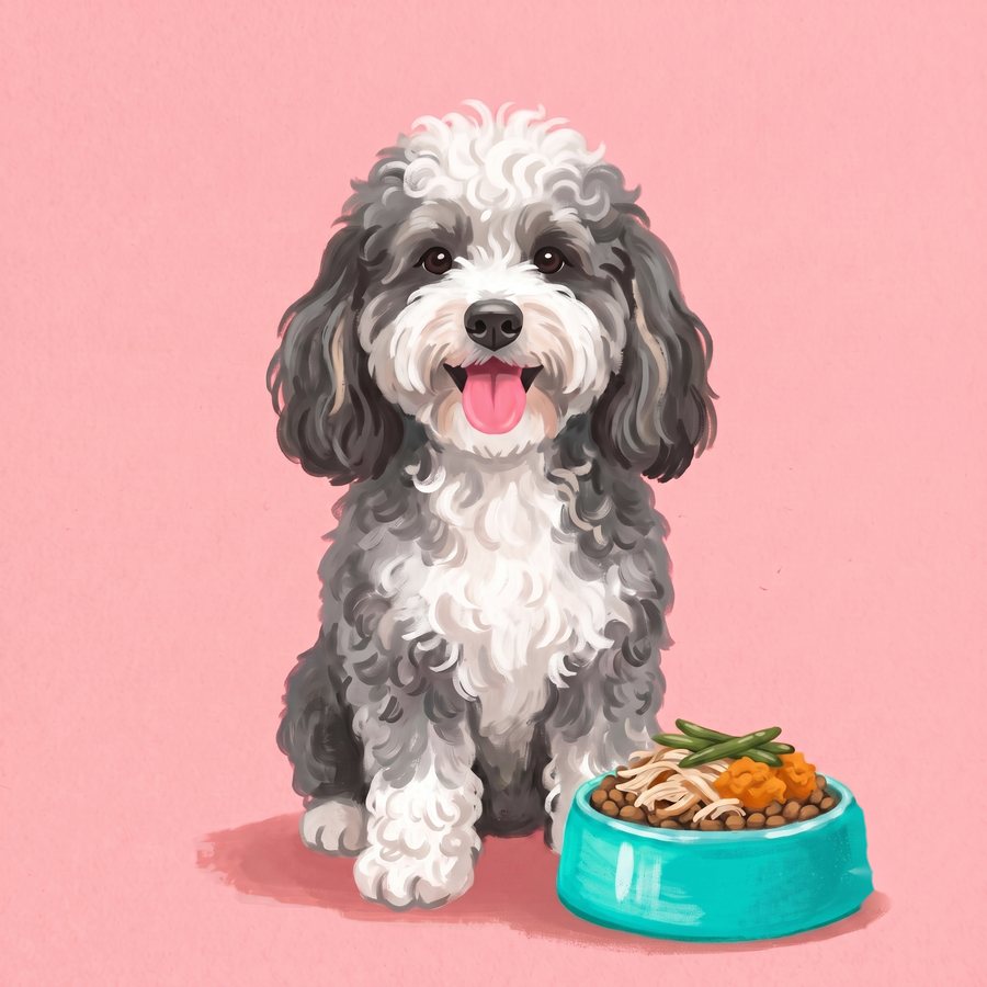 Mia the mini Bernedoodle with her kibble-and-topper bowl — painterly storybook illustration